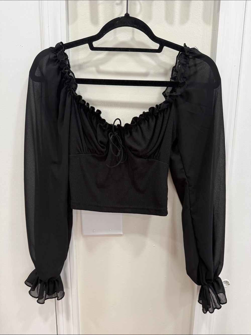 Black Sheer Sleeve Tie-Front Crop Top